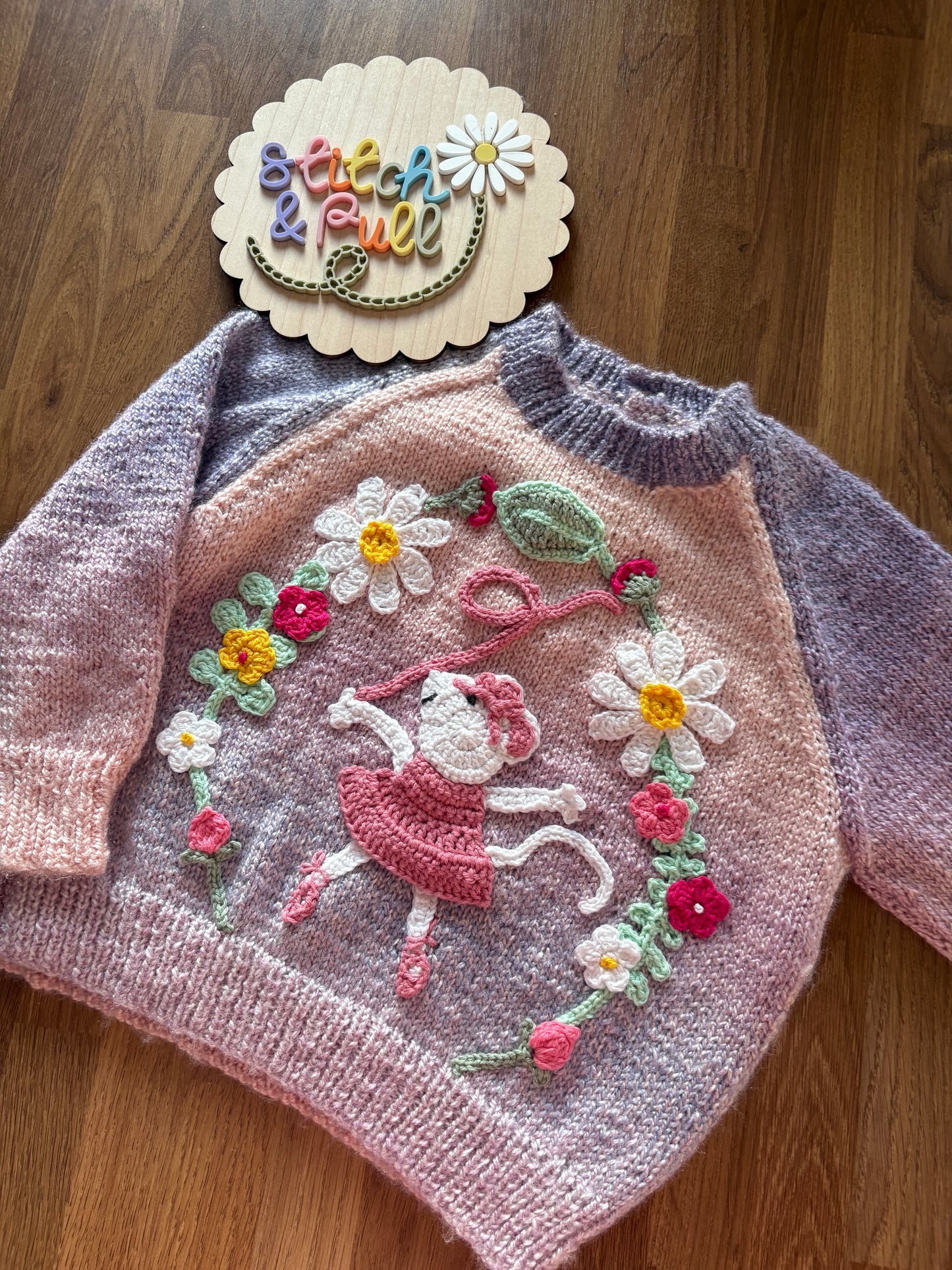 Pre-made Knitted Purple/Pink Ombré Jumper with Angelina Ballerina - Size 18-24 months