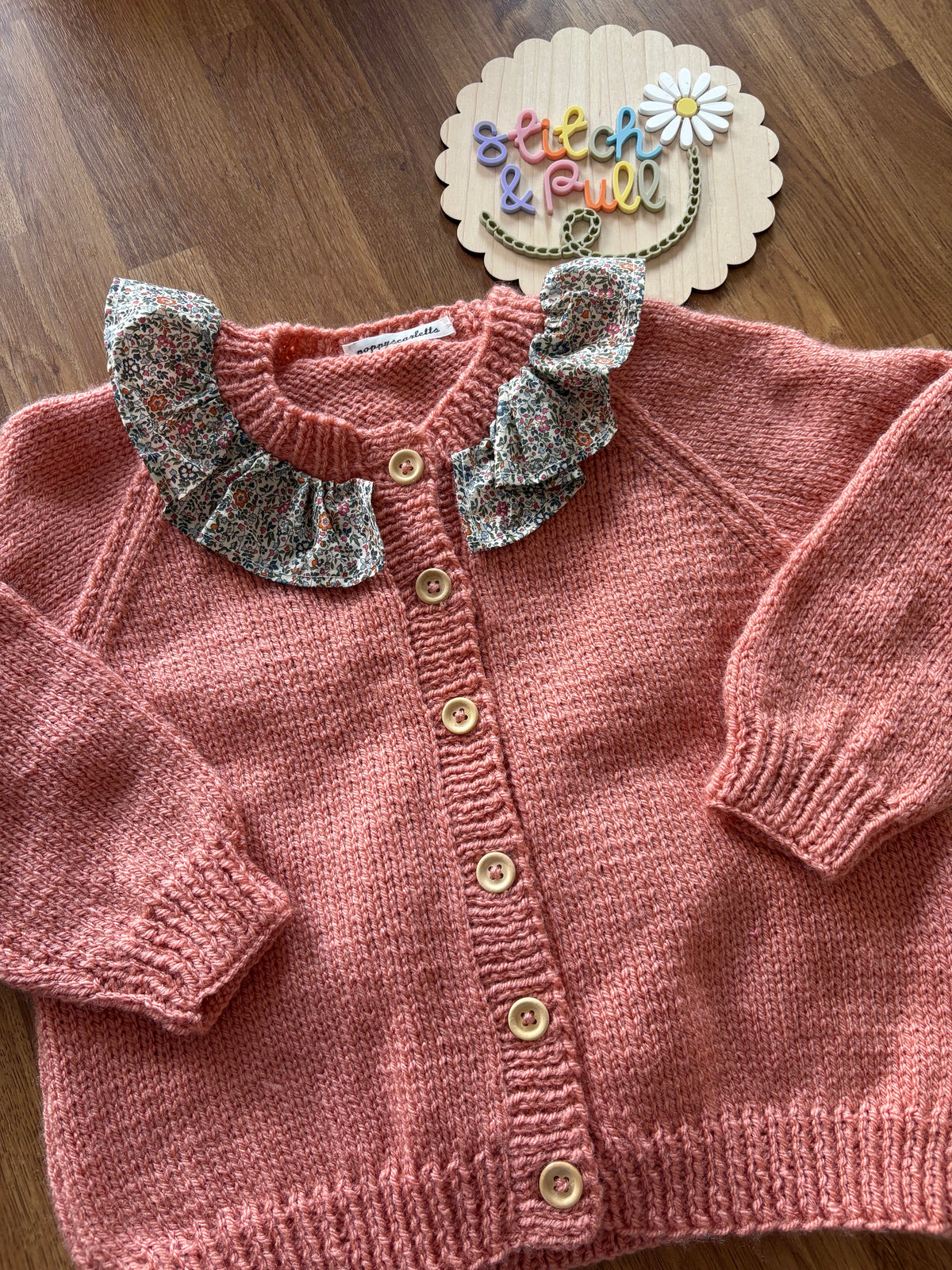 Pre-made Knitted & Crocheted Cardigan with Liberty Collar - Harriet Hedgehog the Gardener - age 2-3 years