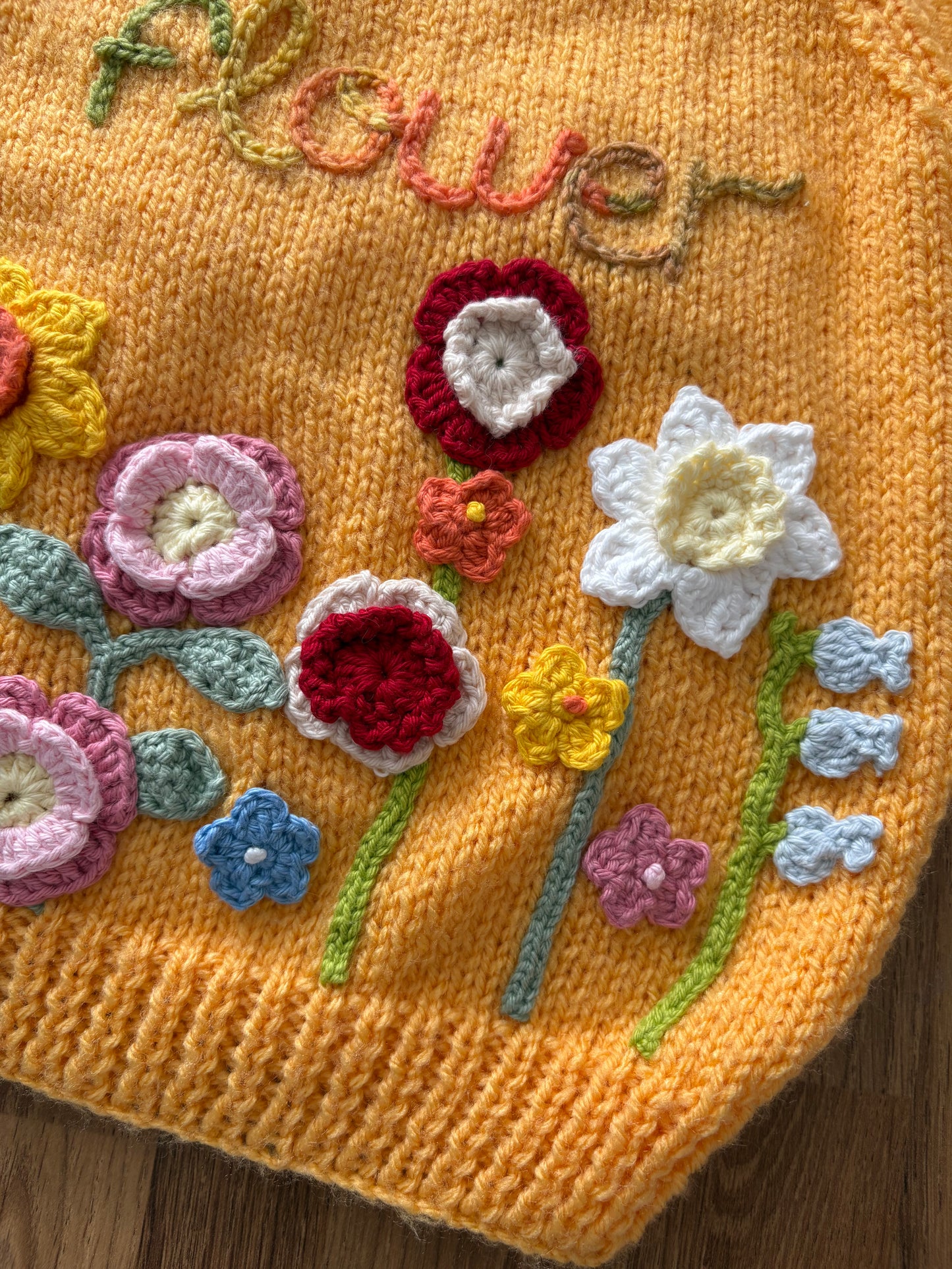Pre-made Knitted Saffron Cardigan with liberty collar and wild flowers - Size 2-3 years