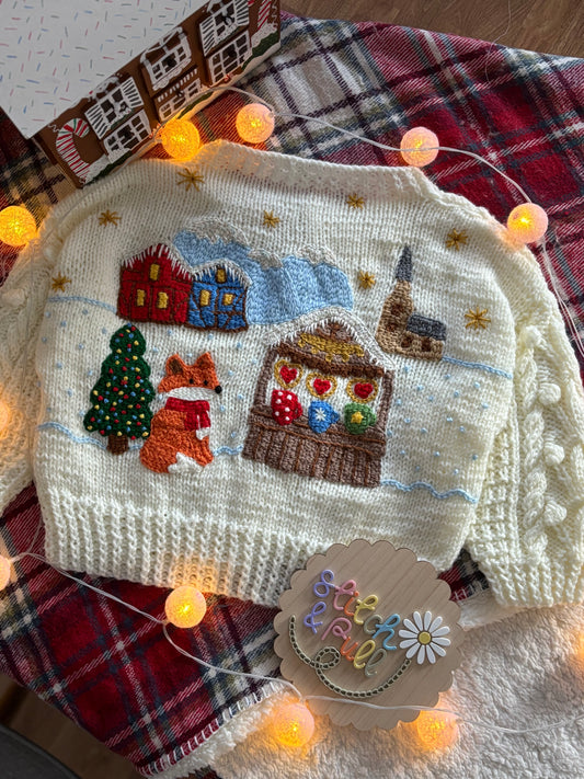 Pre-made Knitted Christmas Cream Cardigan with Fox Bavarian Market - Size 2-3 years