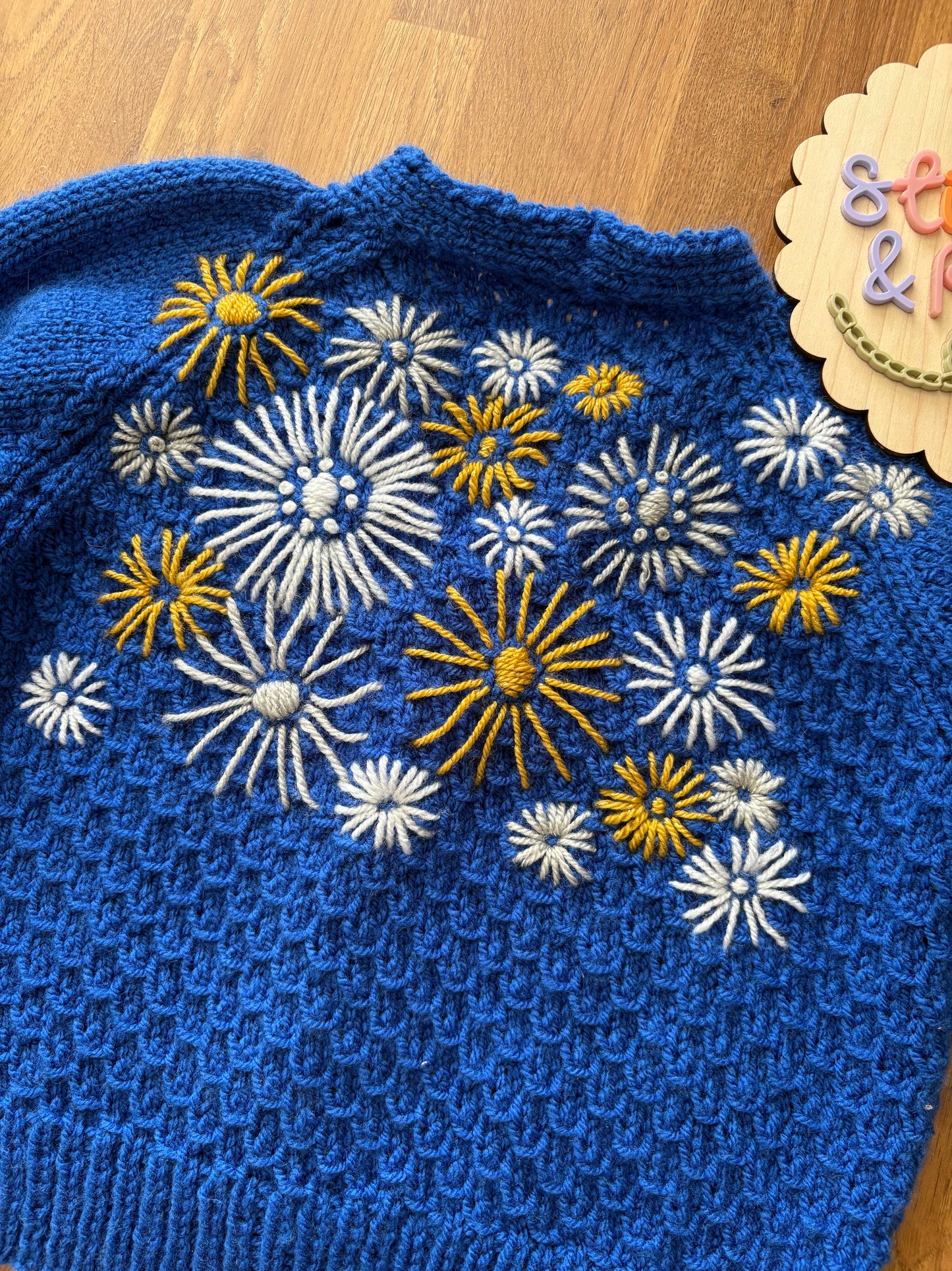Pre-made Knitted Blue Cardigan with fireworks embroidery - Size 3-4 years