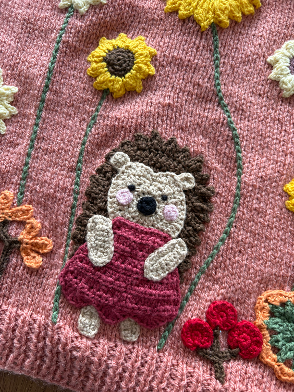 Pre-made Knitted & Crocheted Cardigan with Liberty Collar - Harriet Hedgehog the Gardener - age 2-3 years