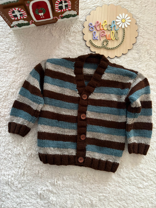 Personalisable knits - 18-24 months blue, brown and grey striped cardigan