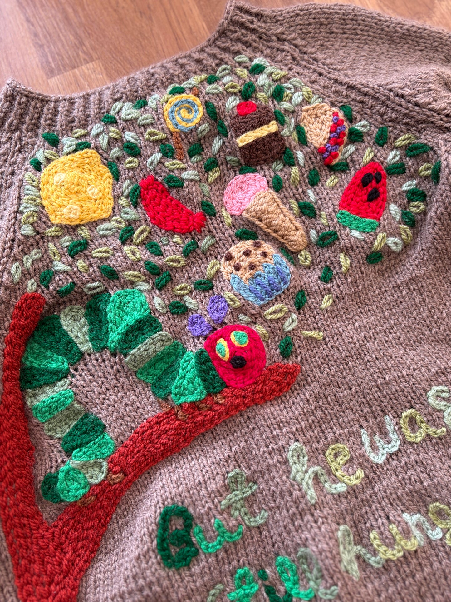 Pre-made Knitted Hungry Caterpillar picnic Cardigan - Size 3-4 years