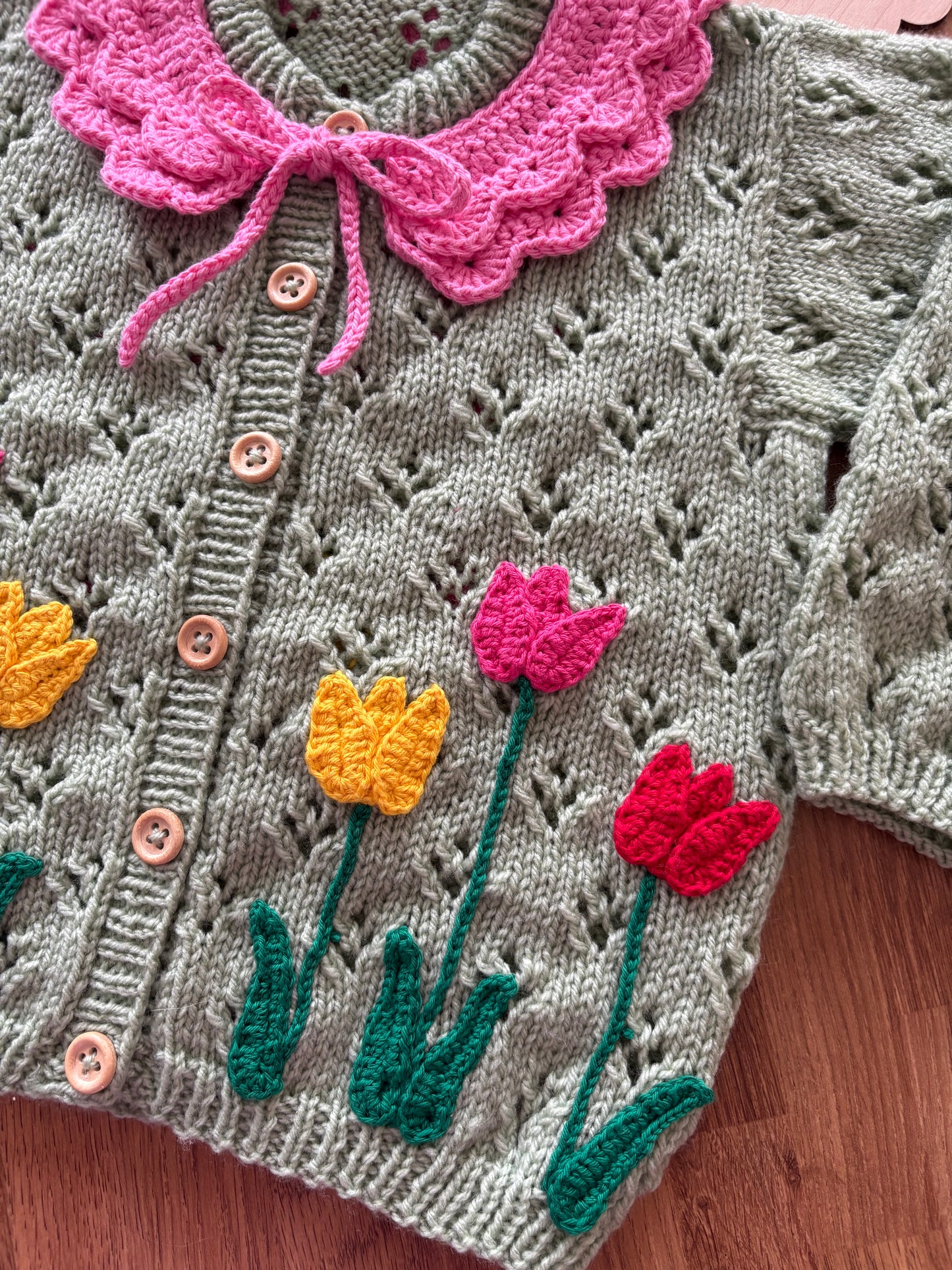 Pre-made Knitted & Crocheted Little Tulip Cardigan - 2-3 years