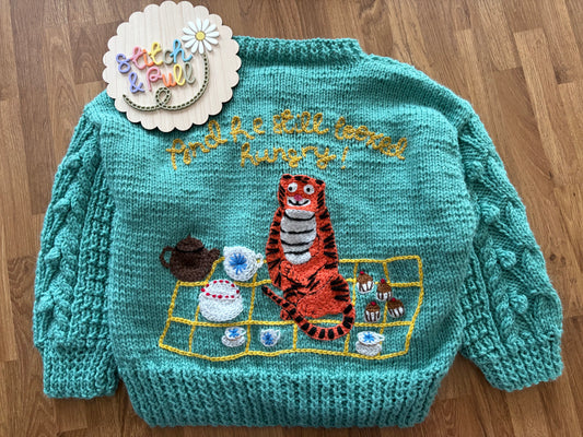 Pre-made Knitted Tiger who came to tea Picnic Cardigan - Size 4-5 years