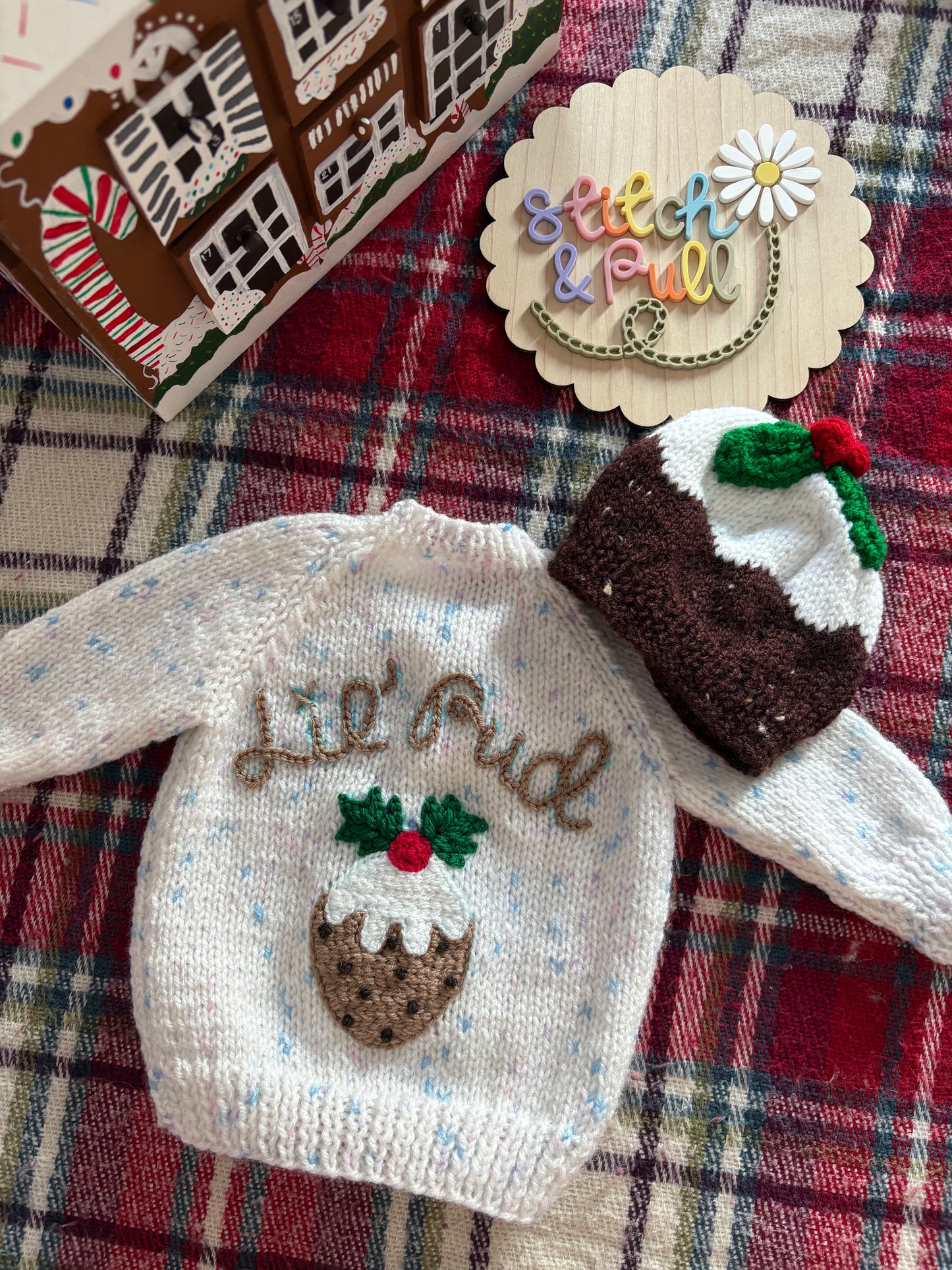Pre-made Knitted Christmas White Fleck Cardigan with Lil’ Pudding and Christmas Pudding hat - Size 0-3 months