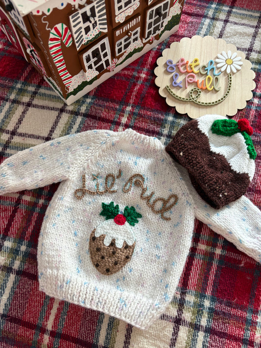 Pre-made Knitted Christmas White Fleck Cardigan with Lil’ Pudding and Christmas Pudding hat - Size 0-3 months