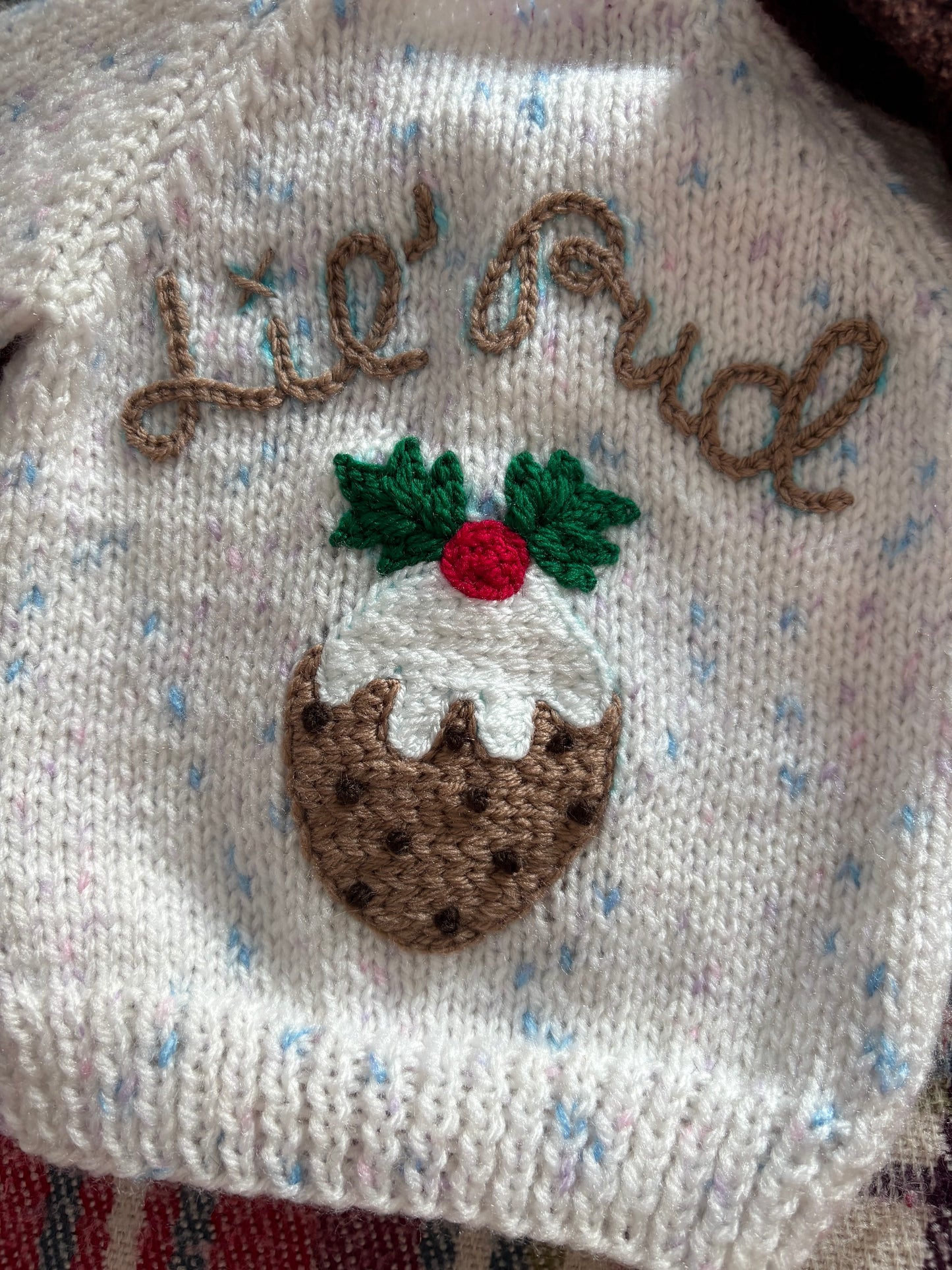 Pre-made Knitted Christmas White Fleck Cardigan with Lil’ Pudding and Christmas Pudding hat - Size 0-3 months