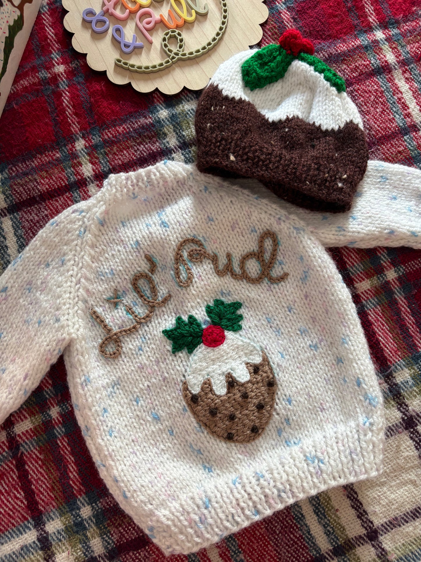 Pre-made Knitted Christmas White Fleck Cardigan with Lil’ Pudding and Christmas Pudding hat - Size 0-3 months