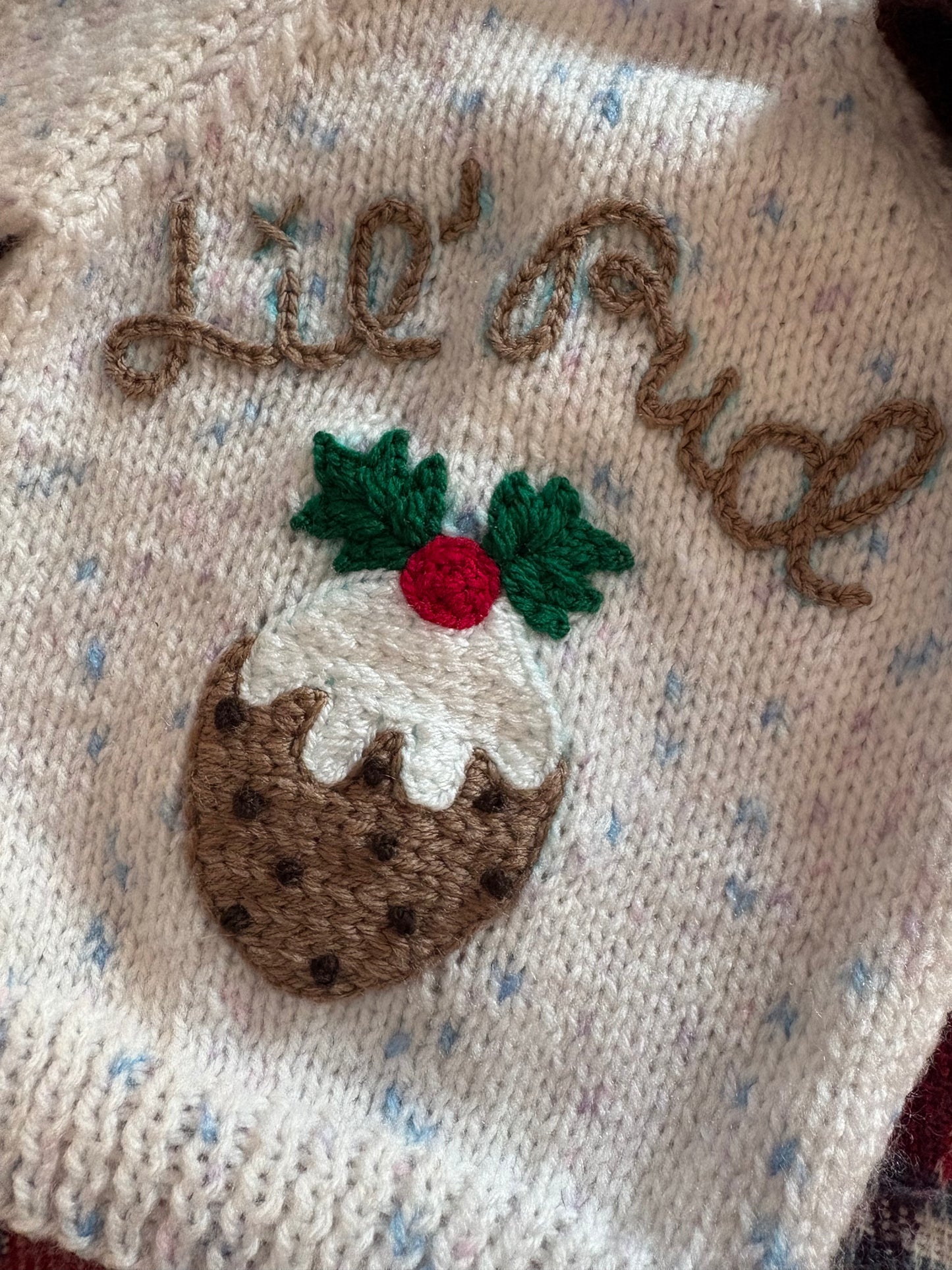 Pre-made Knitted Christmas White Fleck Cardigan with Lil’ Pudding and Christmas Pudding hat - Size 0-3 months