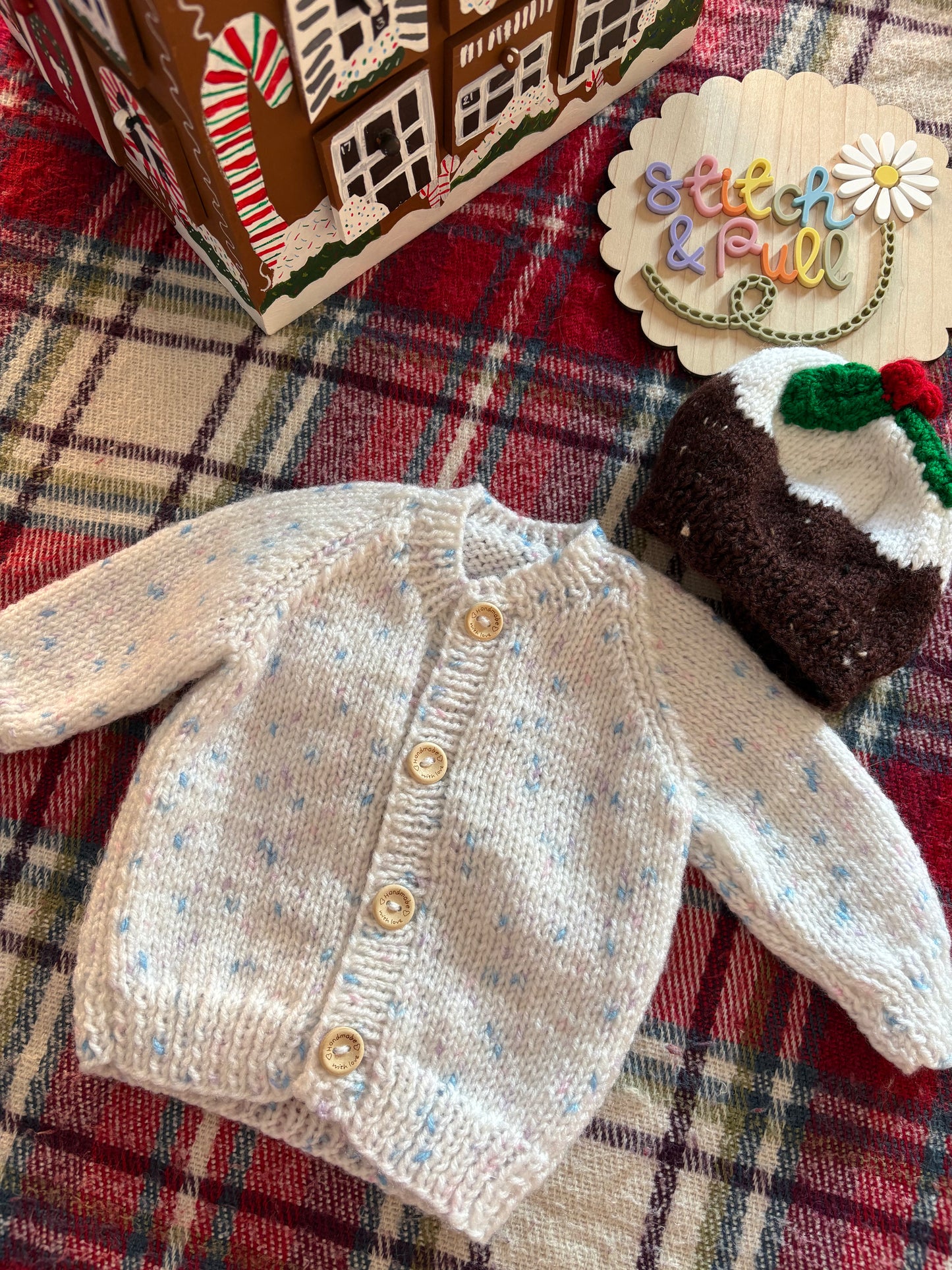 Pre-made Knitted Christmas White Fleck Cardigan with Lil’ Pudding and Christmas Pudding hat - Size 0-3 months